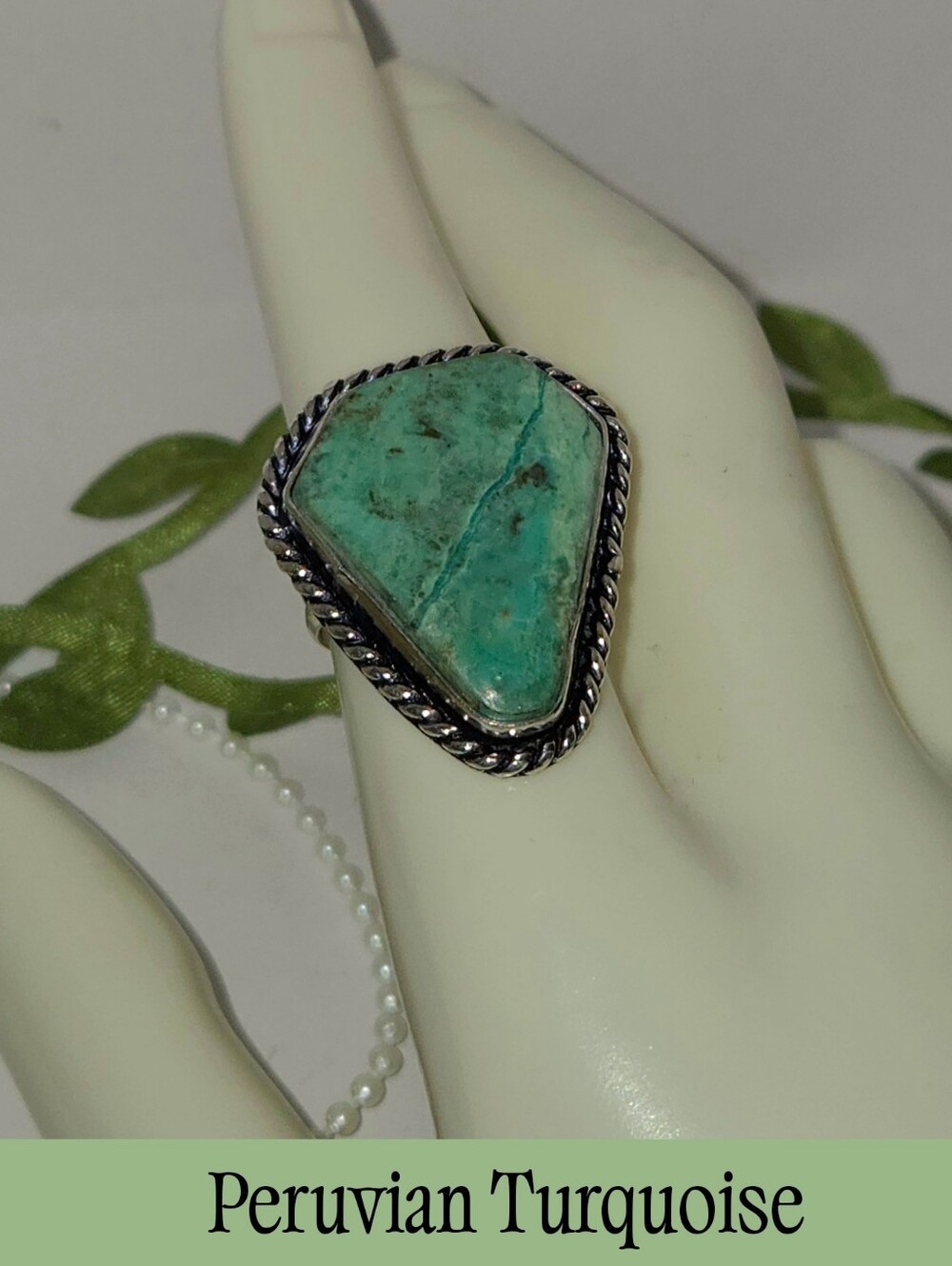 Striking Peruvian Turquoise Gemstone Handmade Coffin Cut Halo Ring